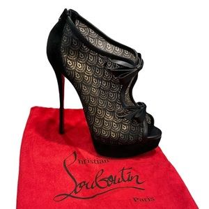 Christian Louboutin Black Lace Peep-Toe Ankle Booties